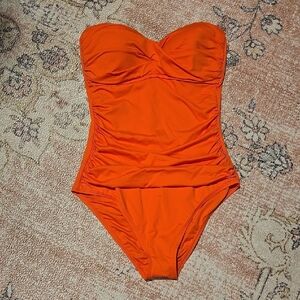 Anne Cole Orange Padded Push-Up Front Shirred Bandeau One-Piece Swimsuit Sz 8